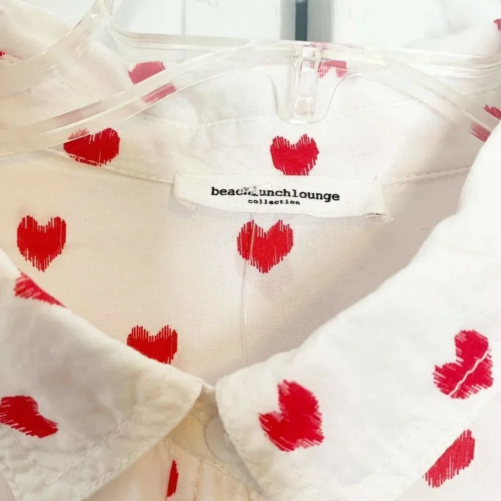 BeachLunchLounge Collection Women’s White Red Heart Button Down Blouse- No Size